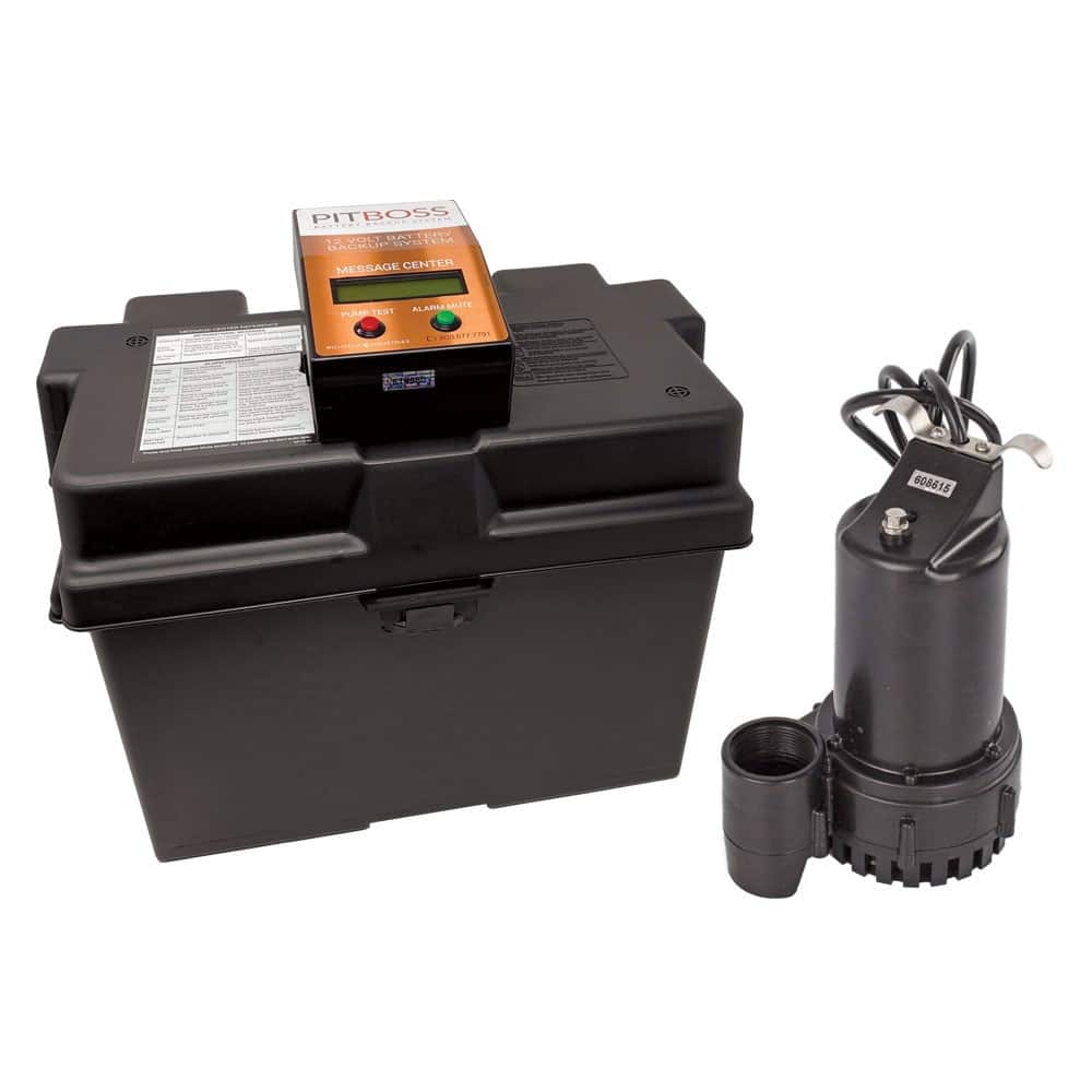 PitBoss Battery Backup System with waterproof case, control panel displaying pump test and alarm indicators, and backup pump for sump applications.