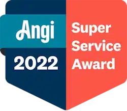 Angi Super Service Award 2022 badge, highlighting A.M. Shield's recognition for excellence in basement waterproofing services in Brookville, NY.