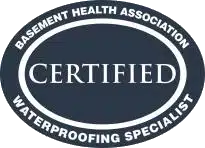 Certified Waterproofing Specialist badge from the Basement Health Association, emphasizing expertise in mold and water damage solutions for basements.