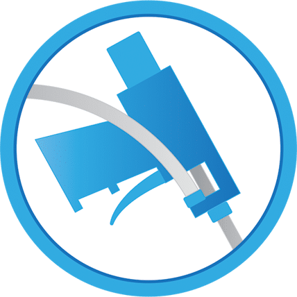 Foundation crack injection service logo featuring a blue and gray design of a hydraulic injector and hose, representing A.M. Shield Waterproofing's expertise in waterproofing solutions.