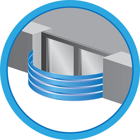 Illustration of a window well correction system featuring a blue waterproofing membrane, designed to prevent water intrusion in foundation areas.