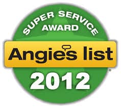 Angie's List Super Service Award 2012 badge, symbolizing A.M. Shield Waterproofing's commitment to customer satisfaction and excellence in waterproofing services.