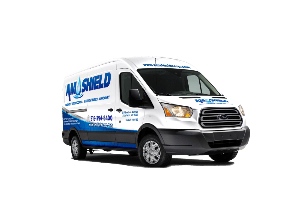 A.M. Shield waterproofing service van featuring branding, contact information, and services offered, parked against a neutral background, emphasizing expertise in basement waterproofing solutions for Brookville homes.